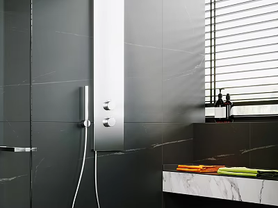Modern Bathroom Shower System With Gray Tile Walls Handheld Sprayer And Marble Countertop Window Blinds 3d model