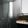 Modern Bathroom Shower System With Gray Tile Walls Handheld Sprayer And Marble Countertop Window Blinds
