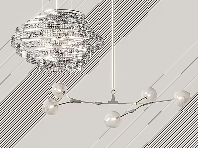 Modern Spiral Metal Mesh Chandelier And Branch Like Spherical Bulb Design On Gray Striped Background 3d model