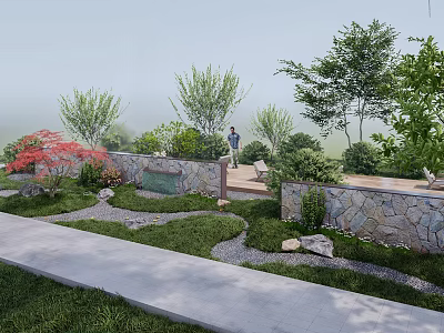 Scenic Stone Wall Landscape Design With Green Plants Trees And Garden Path 3d model