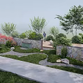 Scenic Stone Wall Landscape Design With Green Plants Trees And Garden Path