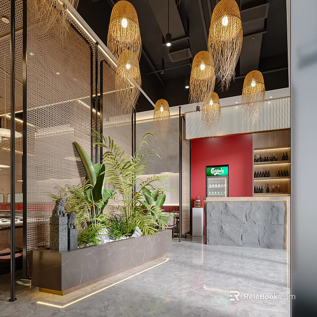 Modern Hotpot Restaurant Interior With Woven Rattan Pendant Lights Green Plants And Red Accent Wall 3d model 