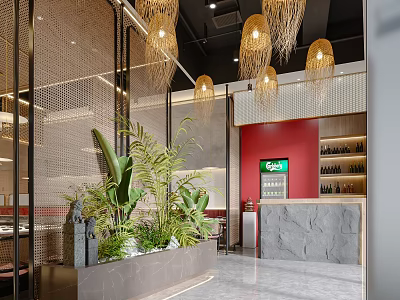 Modern Hotpot Restaurant Interior With Woven Rattan Pendant Lights Green Plants And Red Accent Wall 3d model