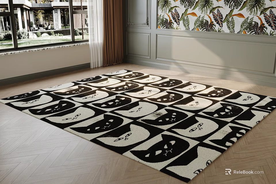 Square Rug With Black And White Pattern In Living Room 3d model 