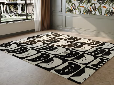Square Rug With Black And White Pattern In Living Room 3d model