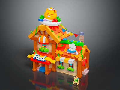 Toy Food Shop Building With Chef Figure Colorful Roof And Decorative Windows 3d model