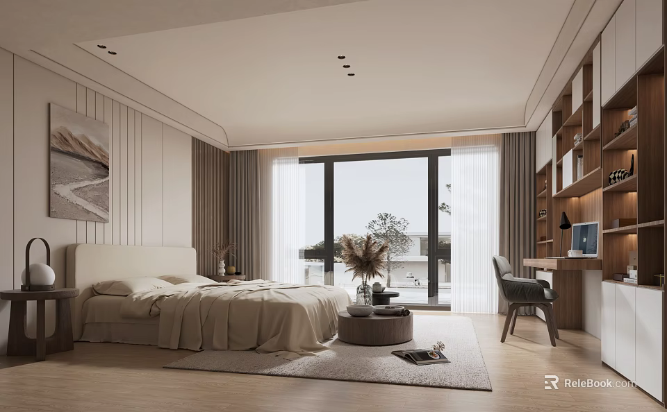 Modern Bedroom Interior With Wooden Floor Large Window Curtains Rug Desk And Bookshelf 3d model 