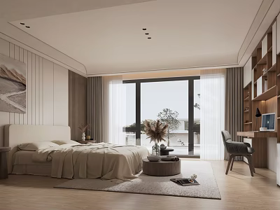 Modern Bedroom Interior With Wooden Floor Large Window Curtains Rug Desk And Bookshelf 3d model