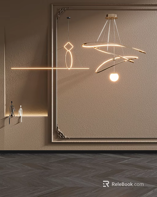 Modern Curved Line Chandelier In Minimalist Interior With Warm Light And Geometric Decor 3d model 