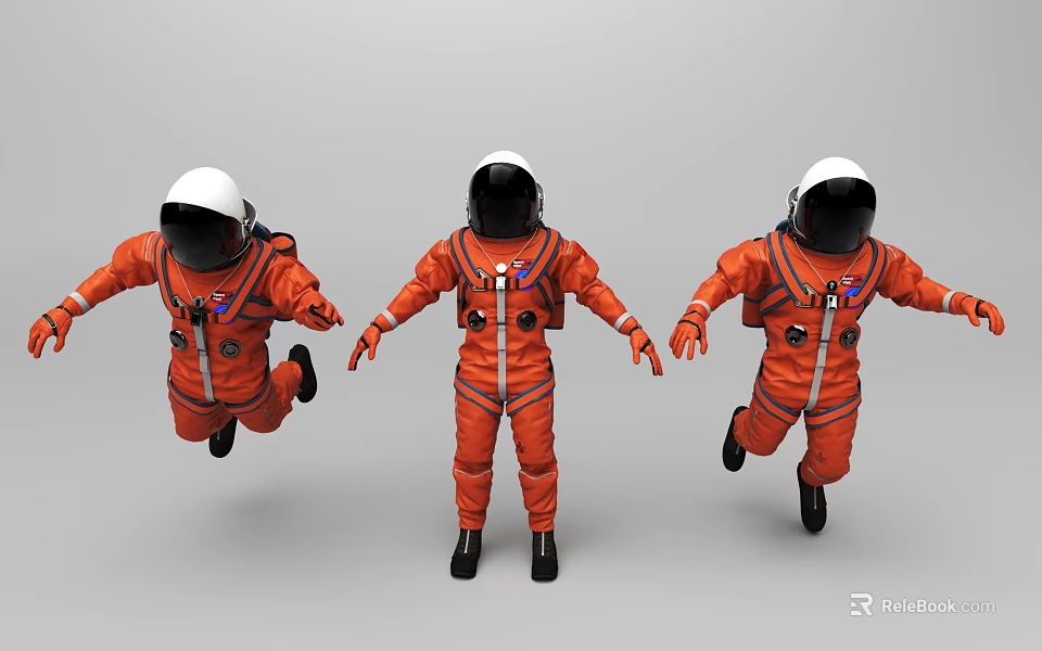 Three Orange Astronaut Suits In Flight With Helmets And Gear 3d model 