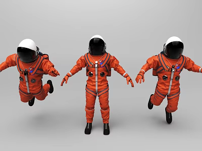 Three Orange Astronaut Suits In Flight With Helmets And Gear 3d model