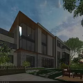 Modern Garden Landscape With Surrounding Building Greenery Trees Stone Pathway And Furniture
