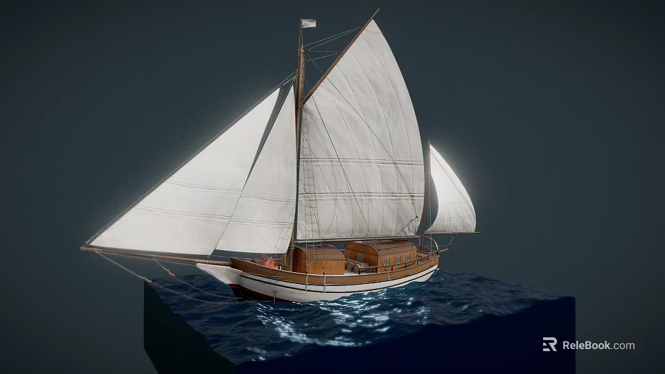 Classic Wooden Boat With White Sails And Masts Floating On Blue Water 3d model 
