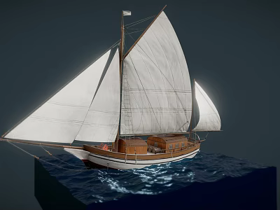 Classic Wooden Boat With White Sails And Masts Floating On Blue Water 3d model