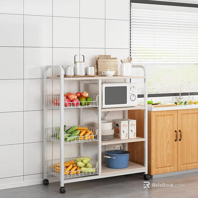 Multi Tiered Metal Kitchen Storage Shelf Organizing Fruits Vegetables Microwave And Supplies In Modern Kitchen 3d model 