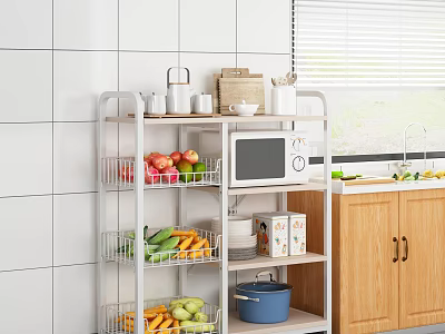 Multi Tiered Metal Kitchen Storage Shelf Organizing Fruits Vegetables Microwave And Supplies In Modern Kitchen 3d model