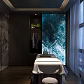 Luxury SPA Sauna Interior With Wooden Walls Massage Table Round Mirror And Soft Lighting