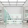 Modern Cosmetic Store Interior With Round Hole Wall And Light Green Shelves Displaying Products