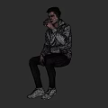 A Man Sitting And Drinking In Gray Hoodie Black Pants White Sneakers With Brown Cup