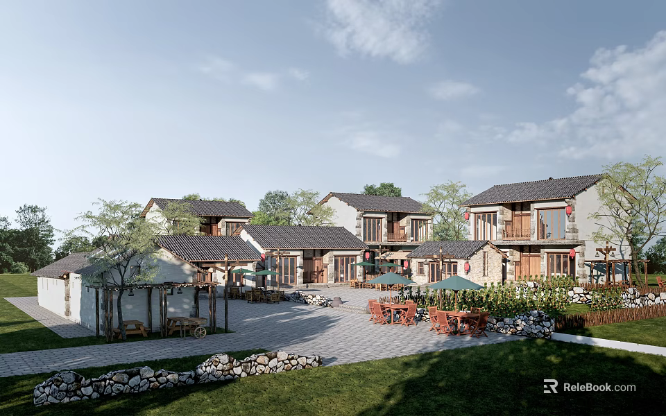 Traditional Rural Self built House Complex With Courtyard Greenery And Tile Roofs 3d model 