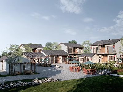 Traditional Rural Self built House Complex With Courtyard Greenery And Tile Roofs 3d model