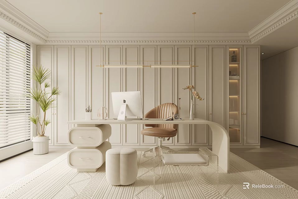 Modern Study Room Interior With Writing Desk Ergonomic Chair And Bookshelves 3d model 