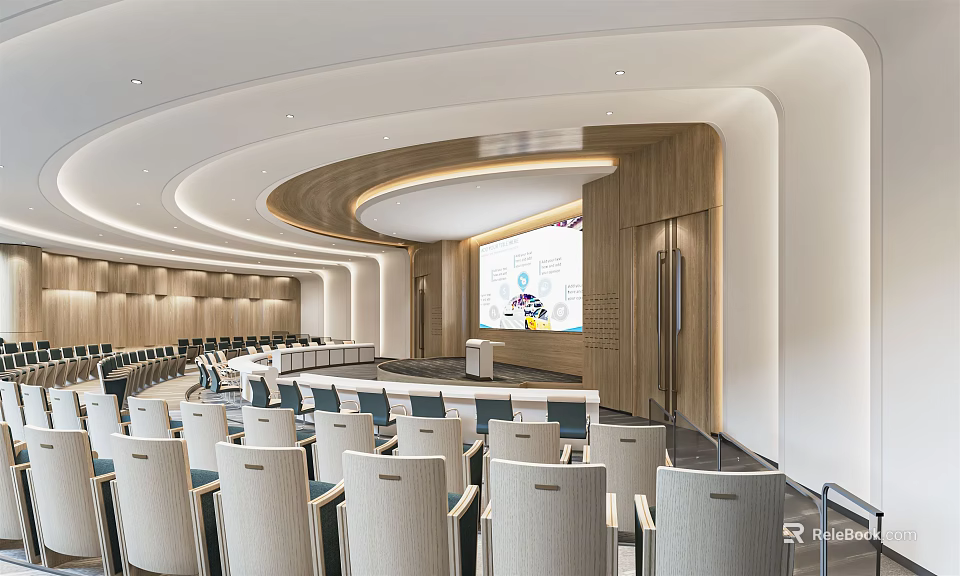 Modern Conference Room Interior With Curved Ceiling Wooden Paneling And Large Screen 3d model 