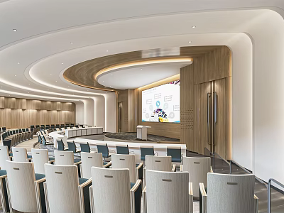 Modern Conference Room Interior With Curved Ceiling Wooden Paneling And Large Screen 3d model