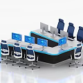 Monitoring Room L Shaped Console With Multiple Monitors Blue Office Chairs White Black Illuminated Accents