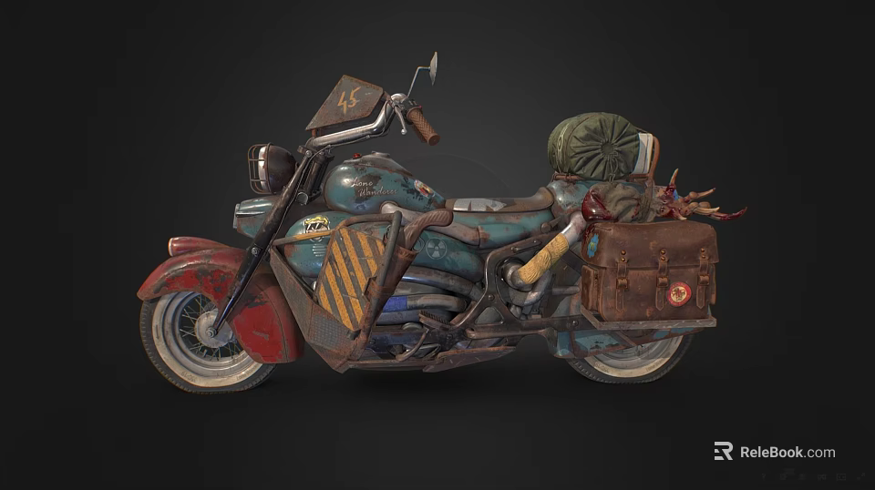 Vintage Motorcycle with Worn Paint Striped Decoration Leather Luggage Canvas Backpack and Retro Design Elements 3d model 