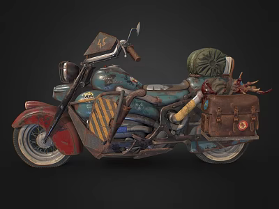 Vintage Motorcycle with Worn Paint Striped Decoration Leather Luggage Canvas Backpack and Retro Design Elements 3d model