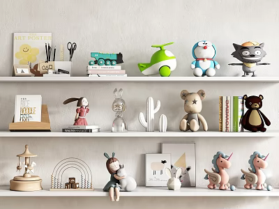 Assorted Stuffed Dolls On Display Shelf With Animal Toys And Decorative Items 3d model