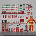 Assorted Fire Fighting Equipment with Extinguishers Hydrants Hoses Helmets Uniforms Safety Signs and Firefighter Model