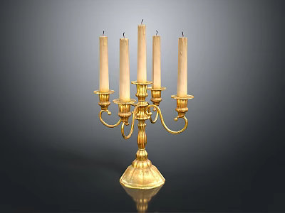 Golden Candelabra With Five Ivory Candles And Ornate Brass Design 3d model