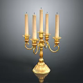 Golden Candelabra With Five Ivory Candles And Ornate Brass Design