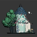 Fairy Tale House Scene With Green Trees Blue Roof Pink Walls And Round Base