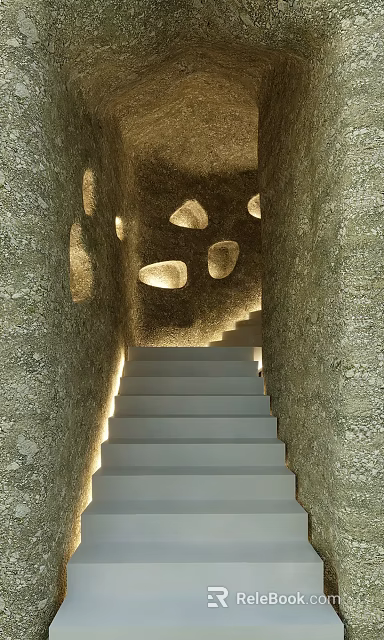 Stone Textured Walls With Illuminated Openings And White Stairs Interior Design 3d model 