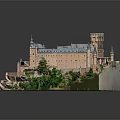 Ancient Architecture Medieval Castle Model with Spires Gray Roof and Green Vegetation on Rock Base