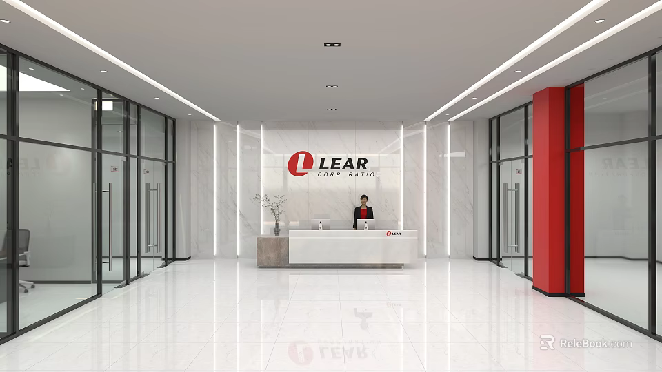 Modern Front Desk Reception Area With LEAR Logo Marble Wall And Glass Doors 3d model 