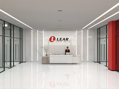 Modern Front Desk Reception Area With LEAR Logo Marble Wall And Glass Doors 3d model