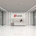 Modern Front Desk Reception Area With LEAR Logo Marble Wall And Glass Doors