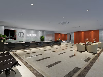 Elegant Modern Front Desk Reception Area Interior With Marble Floor Seating And Plants 3d model