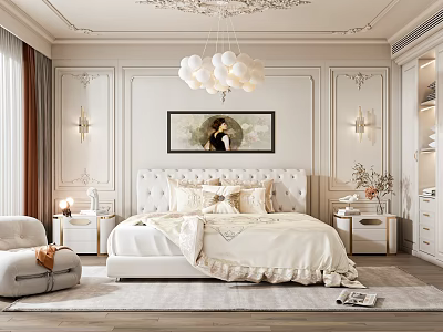 Elegant Bedroom Interior With Tufted Headboard Chandelier Framed Artwork And Nightstands 3d model