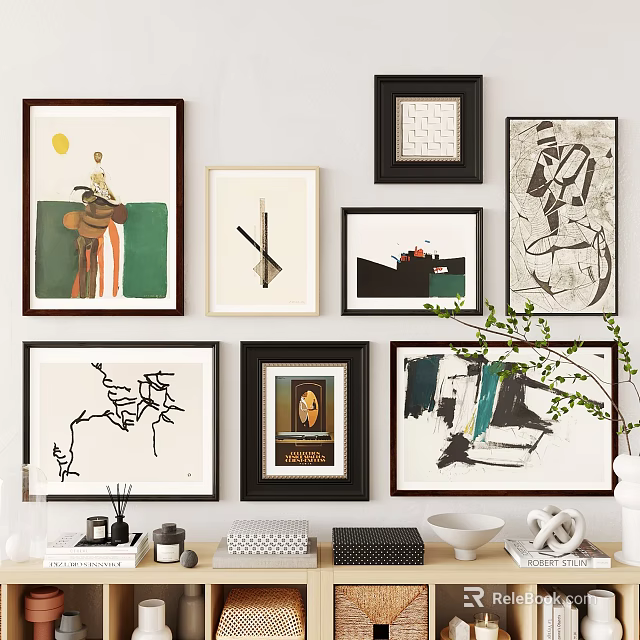 Interior Wall Artwork Collection With Different Frames And Decorative Items On Table 3d model