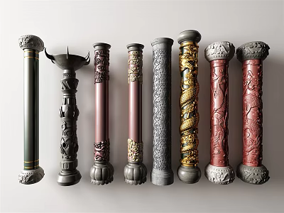 Various Decorative Columns With Carved Patterns Different Colors And Textured Details 3d model