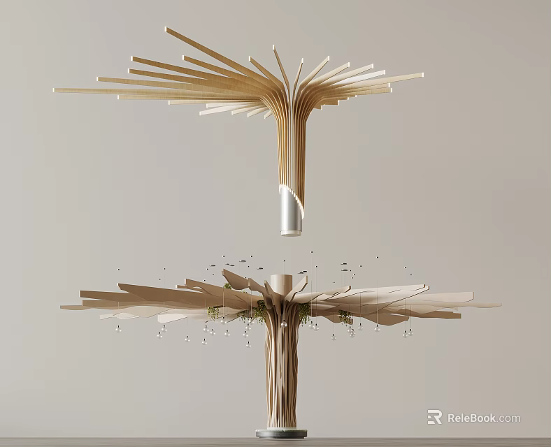 Modern Artistic Wooden Column with Radiating Branch-like Structure in Minimalist Space 3d model 