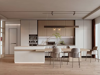 Modern Minimalist Restaurant Interior With Dining Table Chairs Hanging Lights And Wooden Elements 3d model