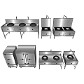 Modern Commercial Kitchen Appliances With Stainless Steel Storage Cabinets And Sink Stations