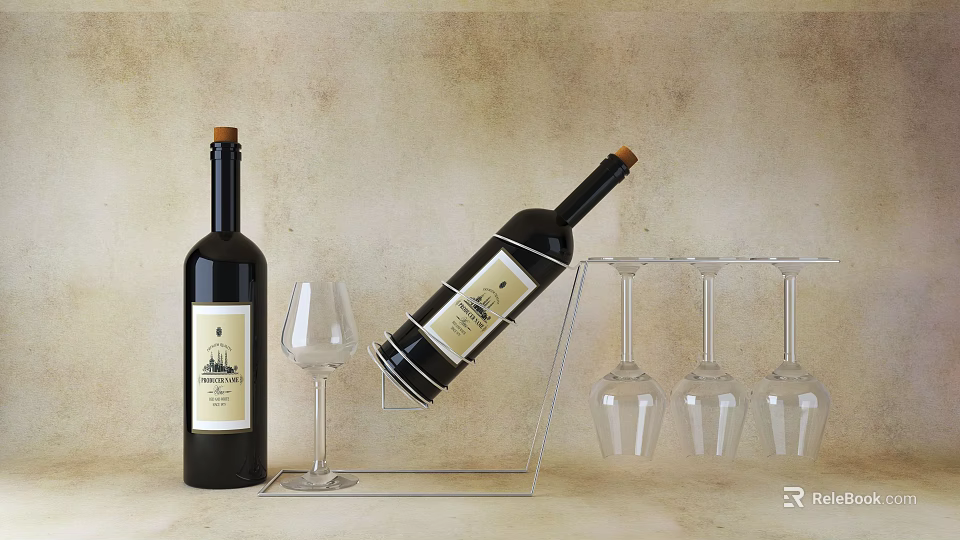 Elegant Wine Bottles and Glasses Display with Transparent Rack Upright Tilted Design 3d model 
