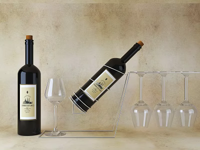 Elegant Wine Bottles and Glasses Display with Transparent Rack Upright Tilted Design 3d model